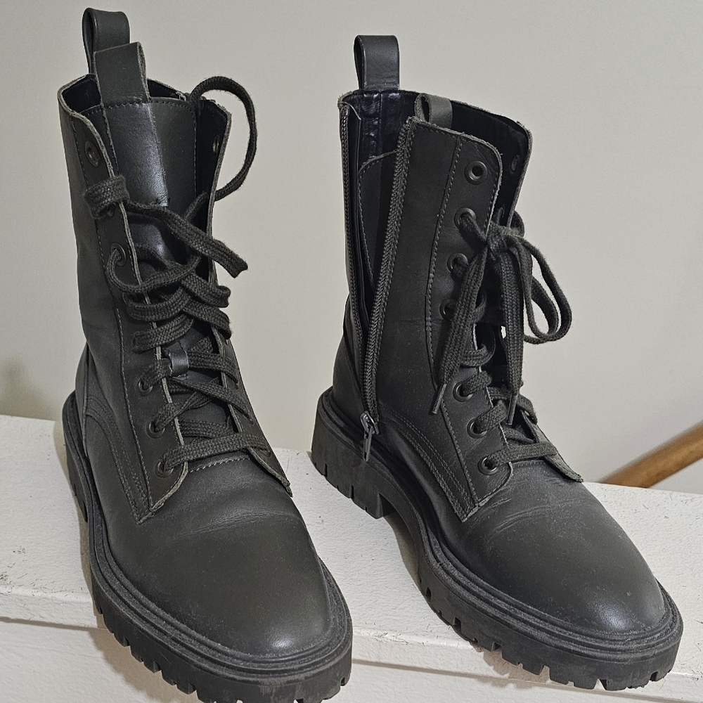 Army Green Lace-Up Boots with Side Zipper